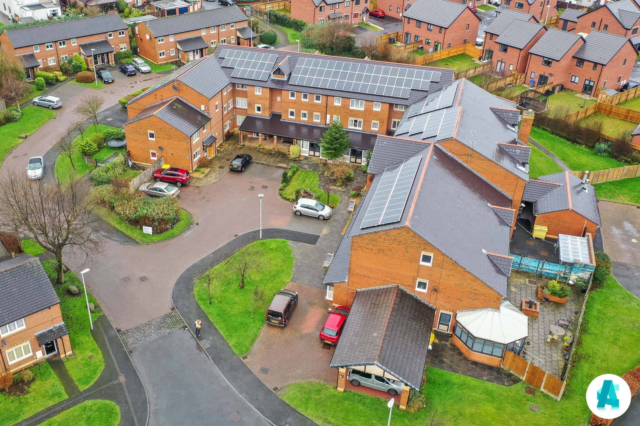 Aerial drone view of housing estate with care home in Blackpool