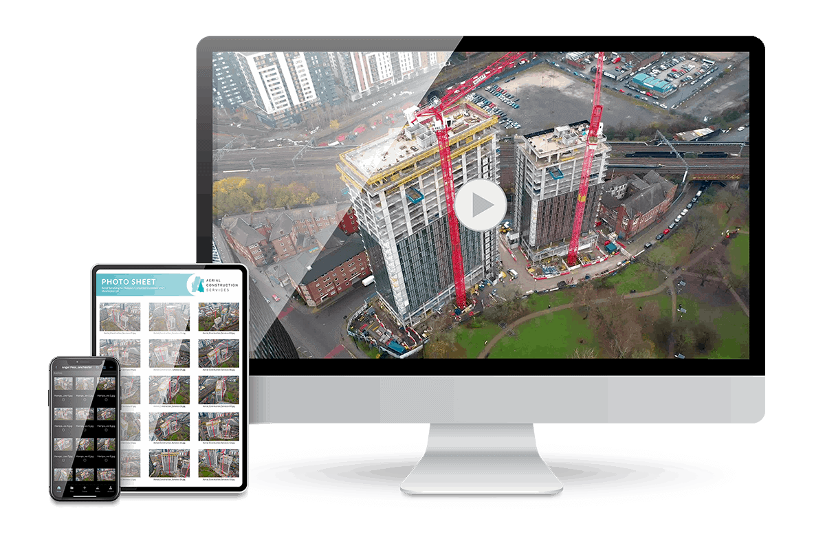 Desktop, tablet and mobile mockup of aerial photo and drone video content