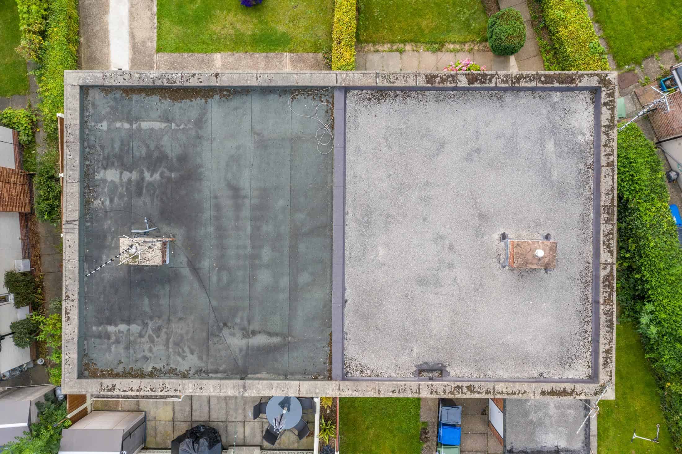 Birds-eye aerial view of council roof drone inspection