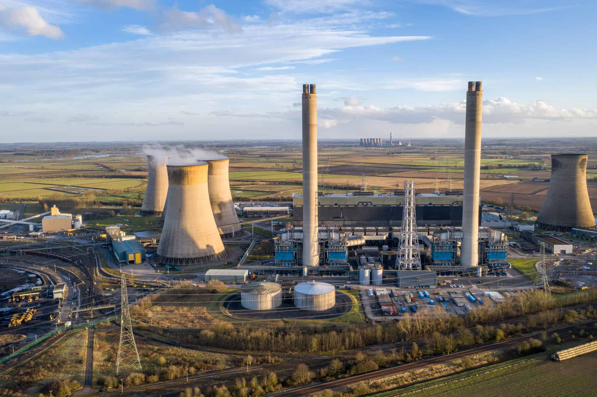 Aerial view of UK power station with drone