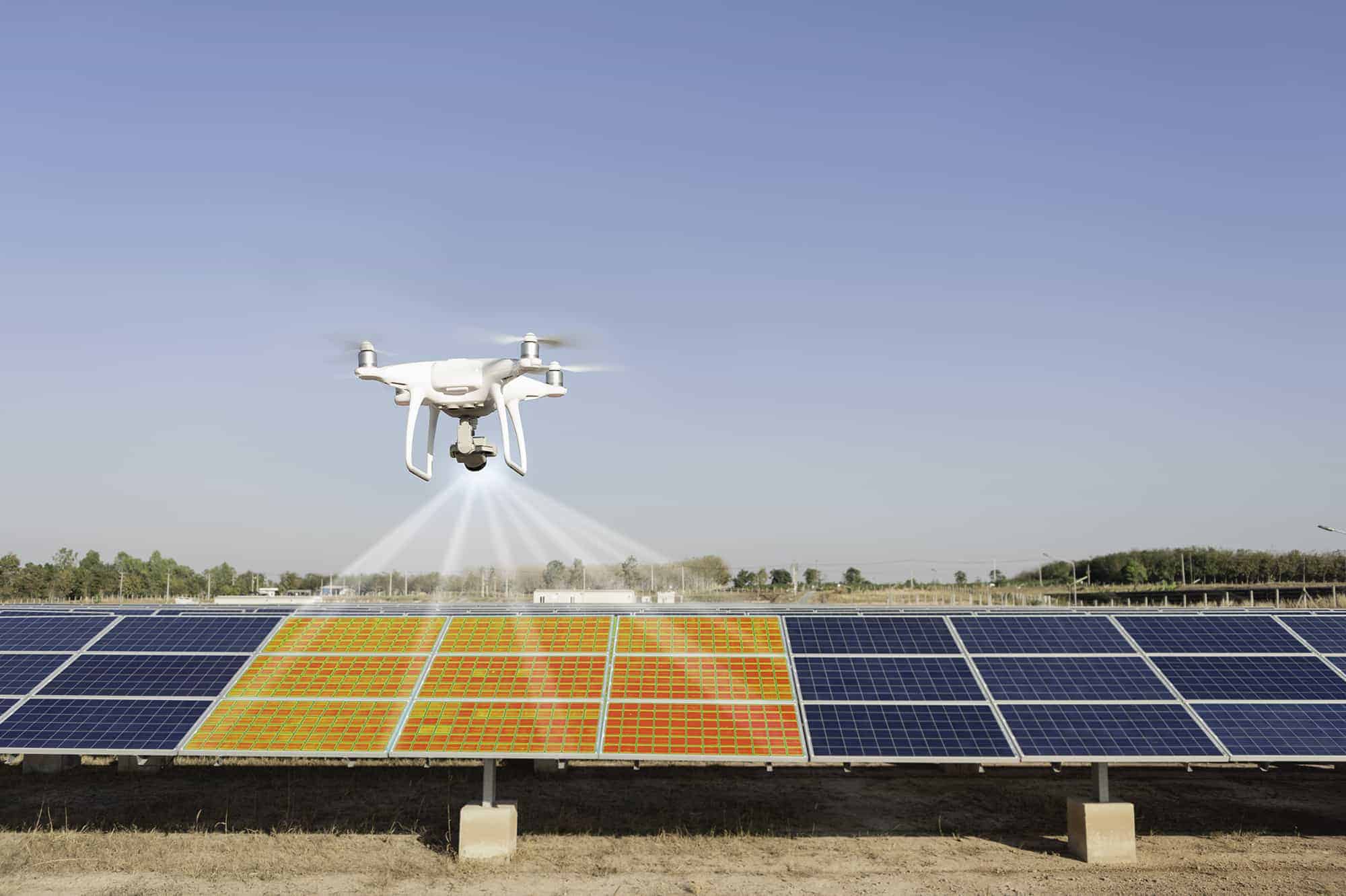 Aerial thermal inspection of solar panel farm with drone