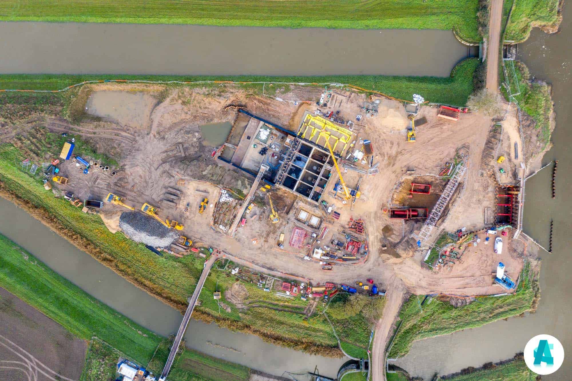 Birds-eye aerial drone view of construction site in Kings Lynn UK Aerial Construction Services