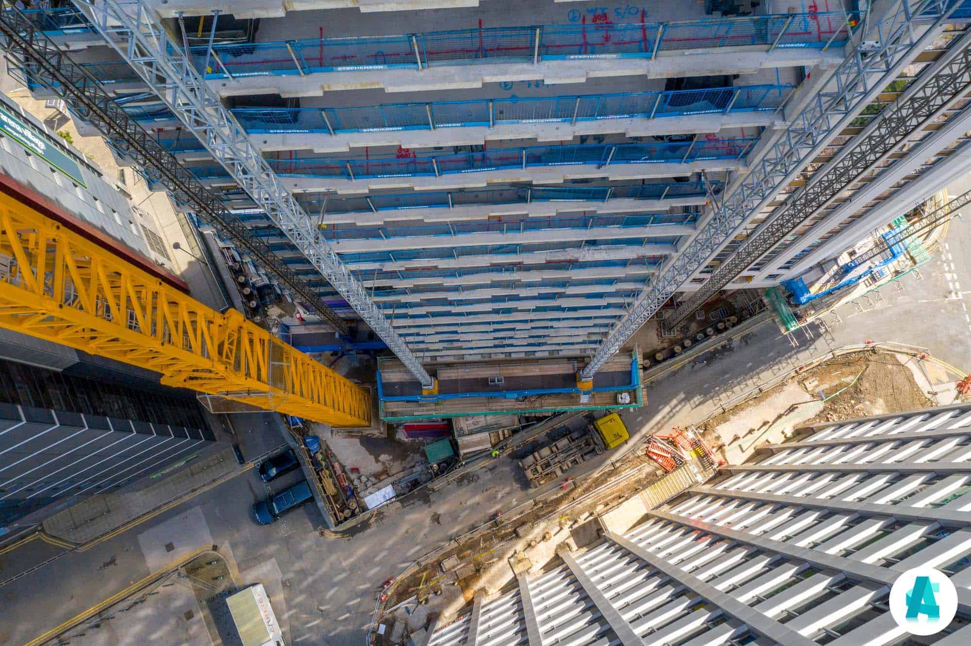 Birds-eye aerial drone view of tallest building in Leeds UK Aerial Construction Services