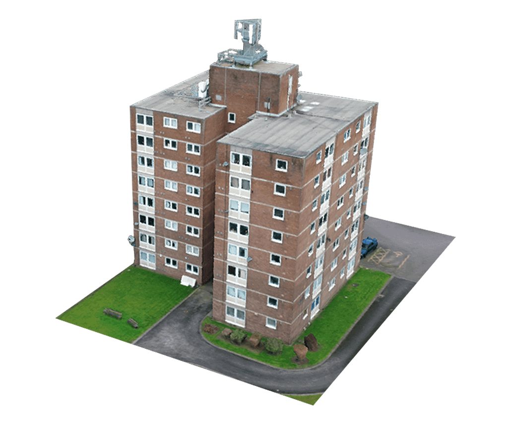 Drone and aerial 3D Model of Tower Block in Manchester UK