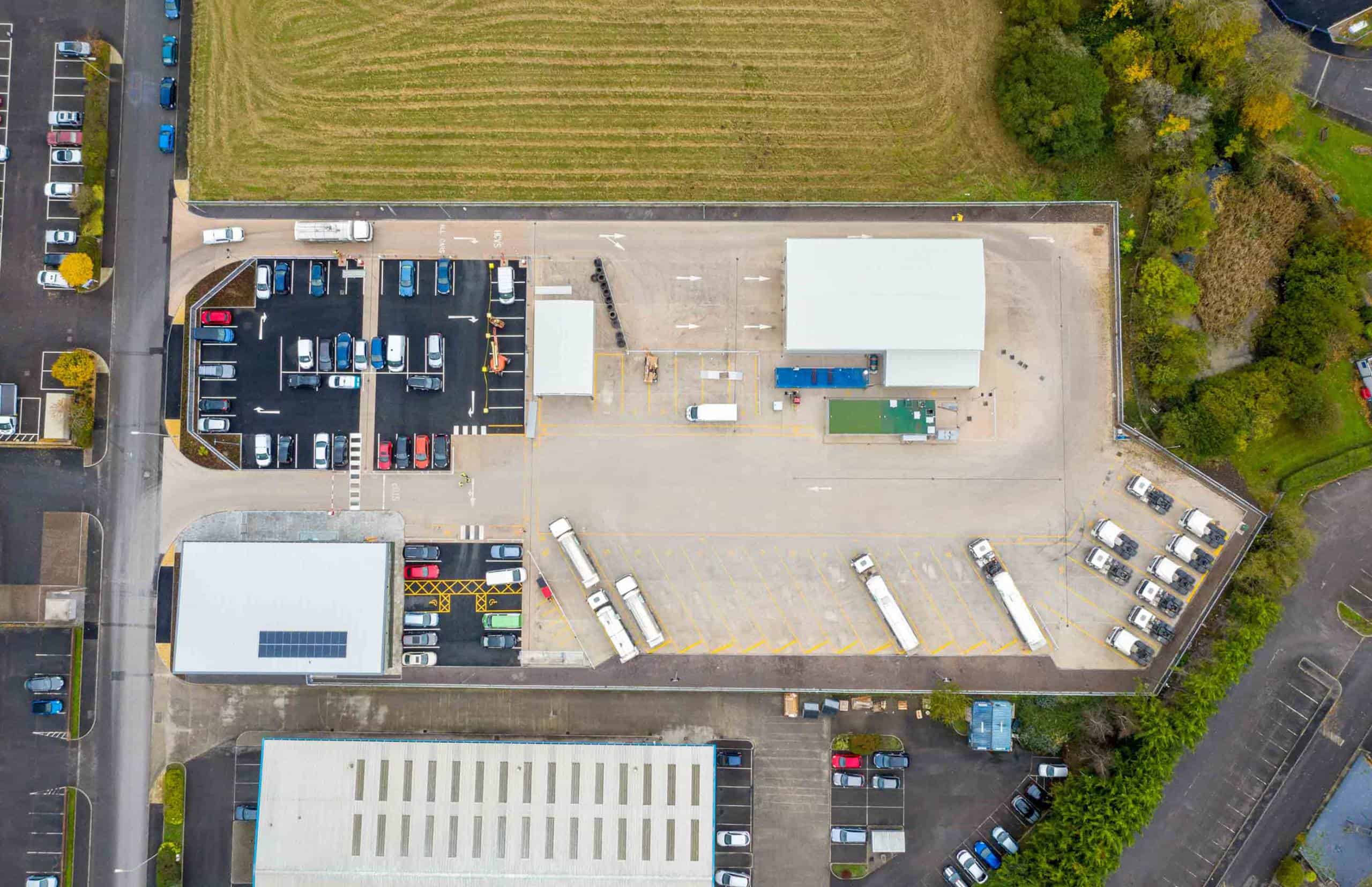 Birds-eye aerial drone view of completed Arla Dairy site in Westbury UK