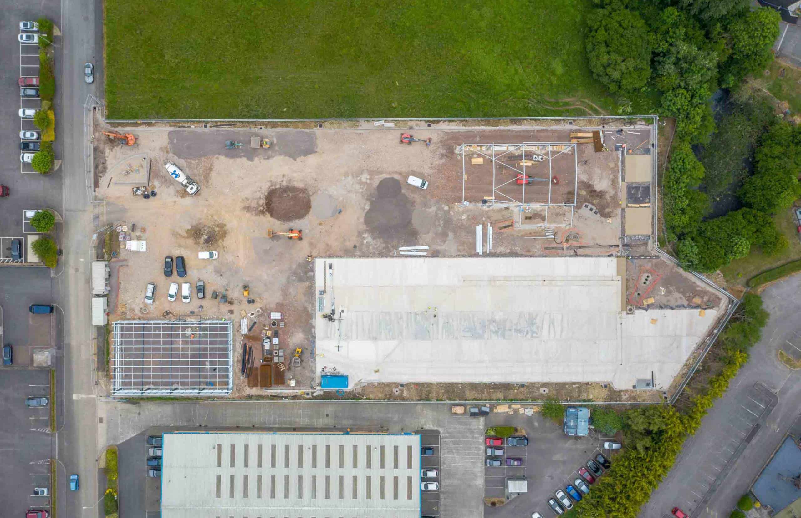 Birds-eye aerial drone view of ongoing Arla Dairy site in Westbury UK