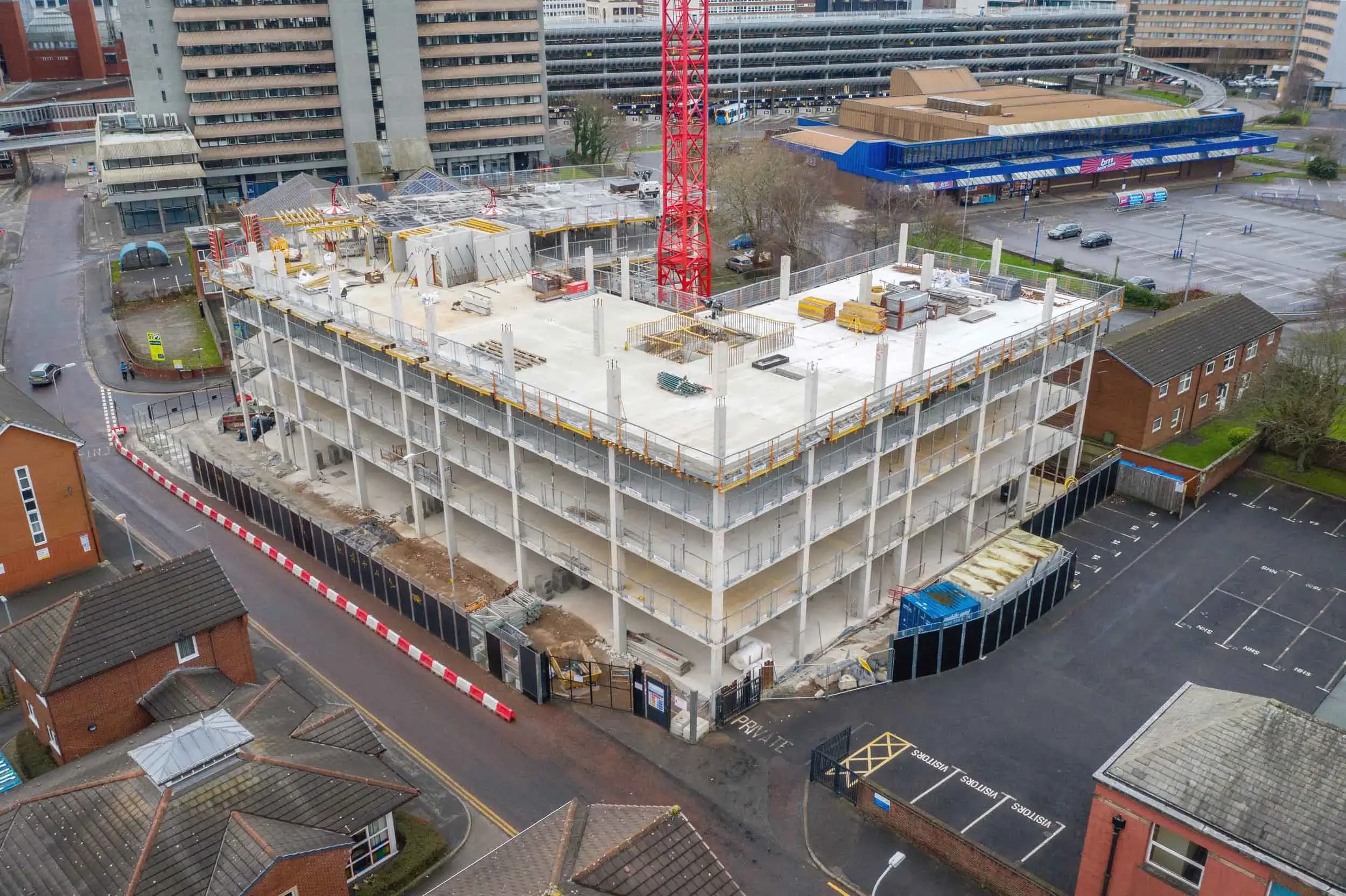 Aerial drone progress reporting of a project in Preston in the later stages of constructing concrete