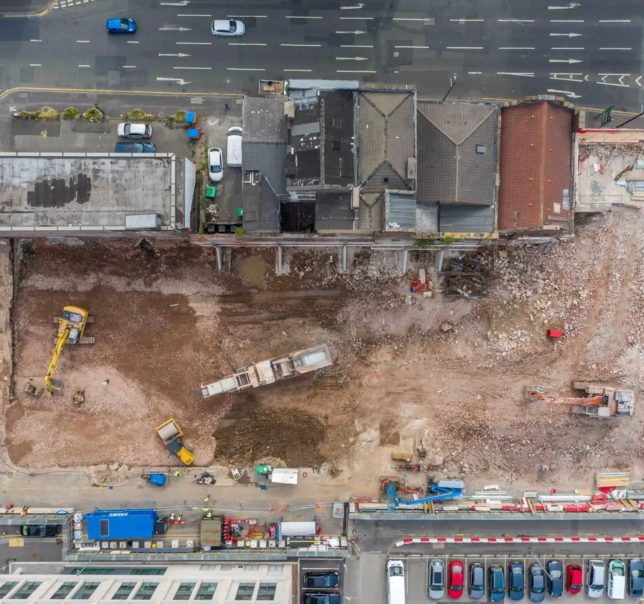 Aerial drone filming of demolition construction site Manchester