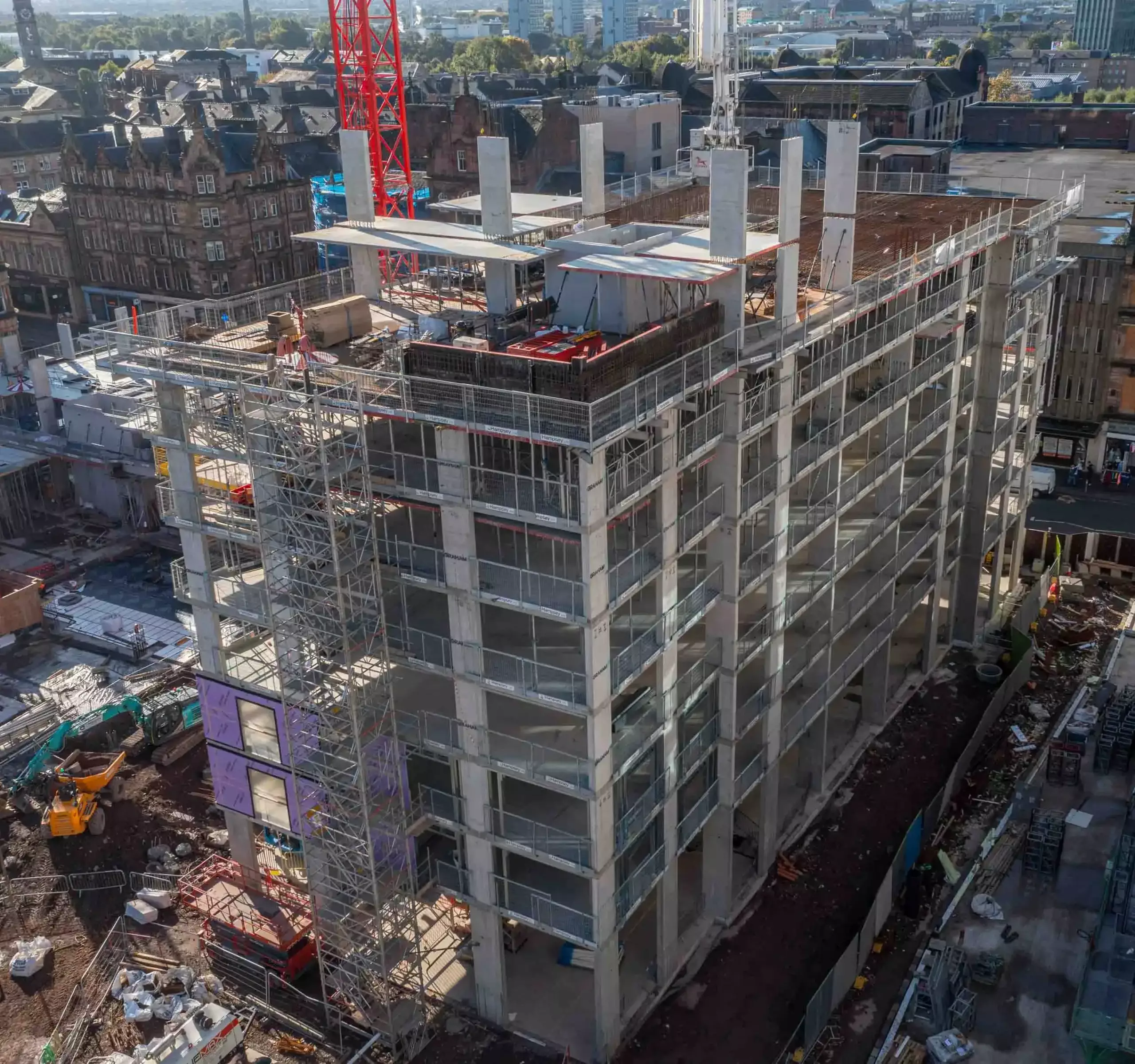 Aerial filming of tower block construction project in Glasgow